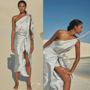 Baobab Marea One Shoulder High-Low Sheen Satin Dress Gray Women's Size Medium